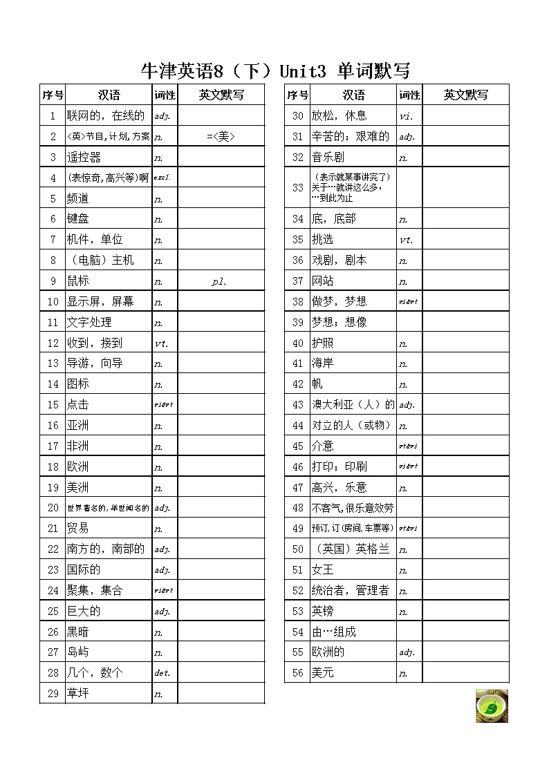 译林版英语八年级下册全册单词默写练习题第3页