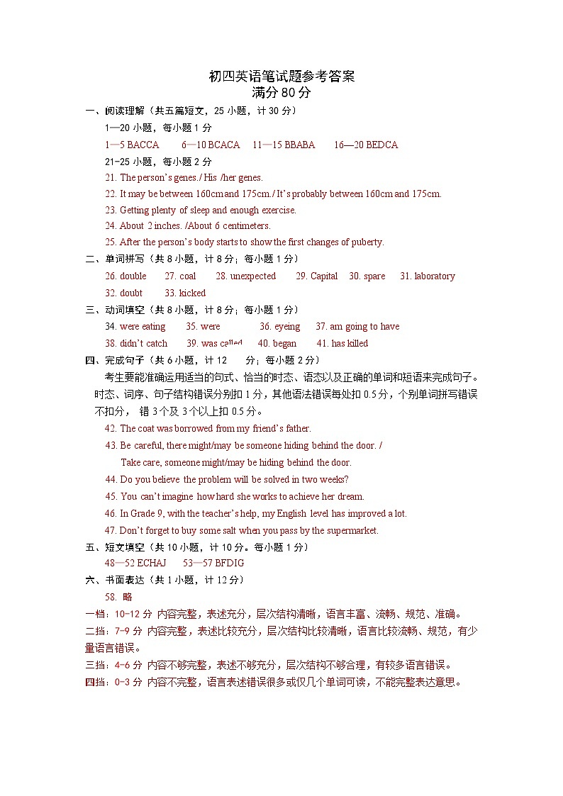 2021年山东威海市经区九上英语期末试题答案第1页