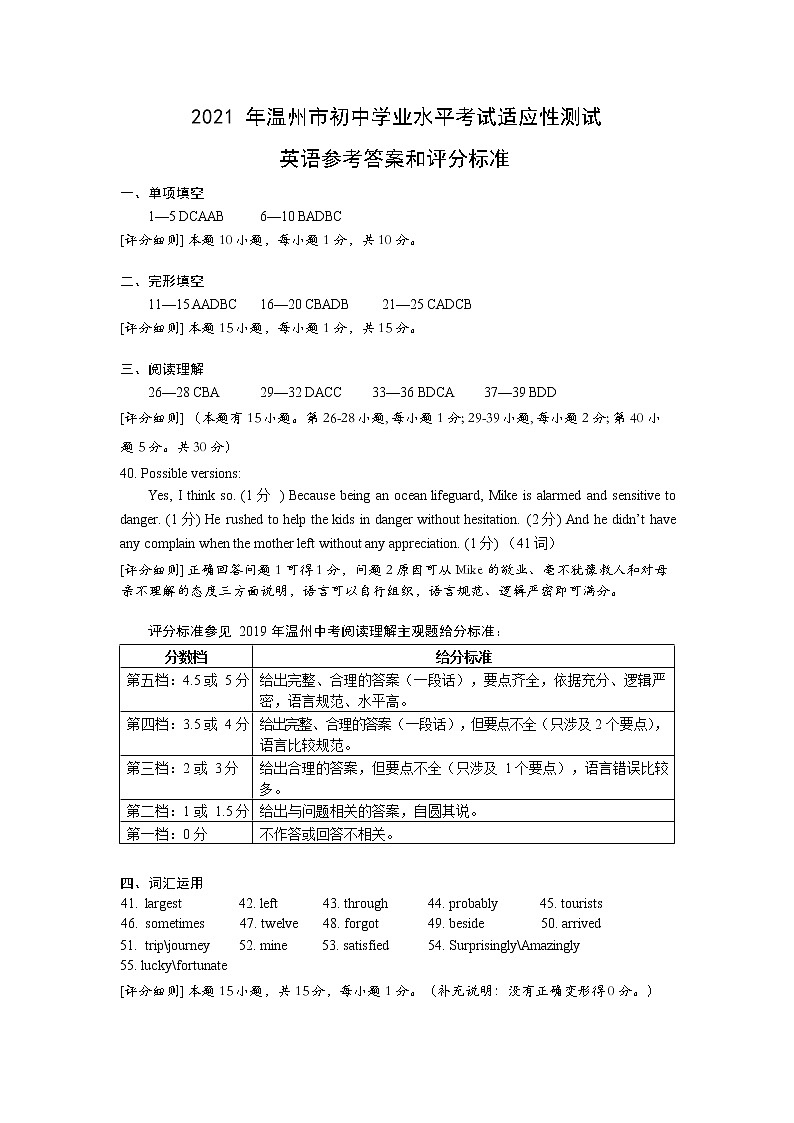 2021年英语中考参考答案第1页