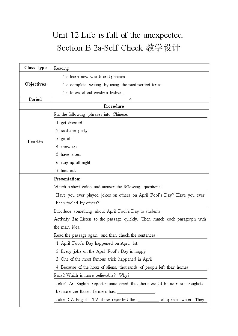 Section B 2a-Self Check教学设计(全英文版)第1页