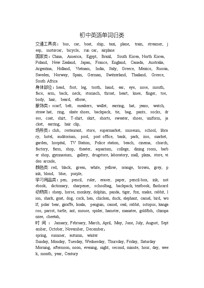 2022中考英语复习：新目标初中英语单词归类(人教版)教案01