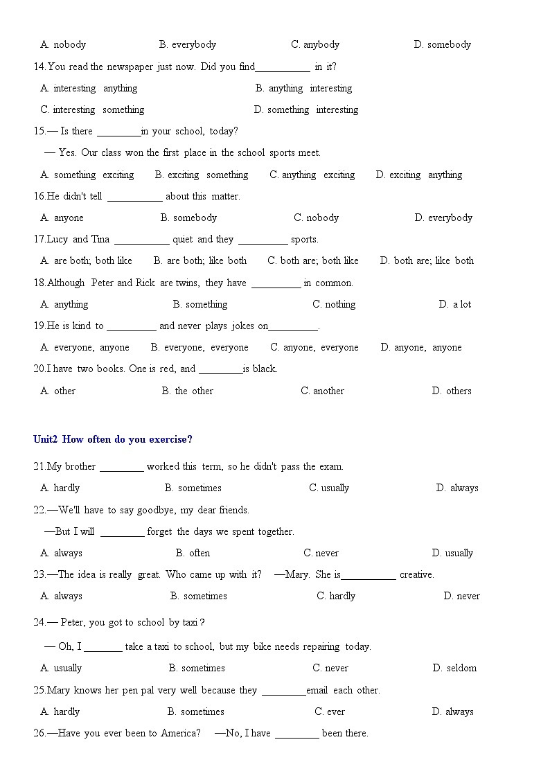 期末复习单元语法归纳练习100题2021-2022学年人教版英语八年级上册（word版 含答案）第2页