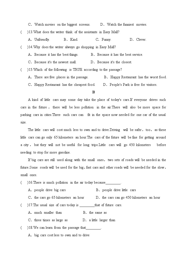 Unit1-Unit 10 单元综合检测试题 2021-2022年人教新目标八年级英语上册（word版 含答案）第3页