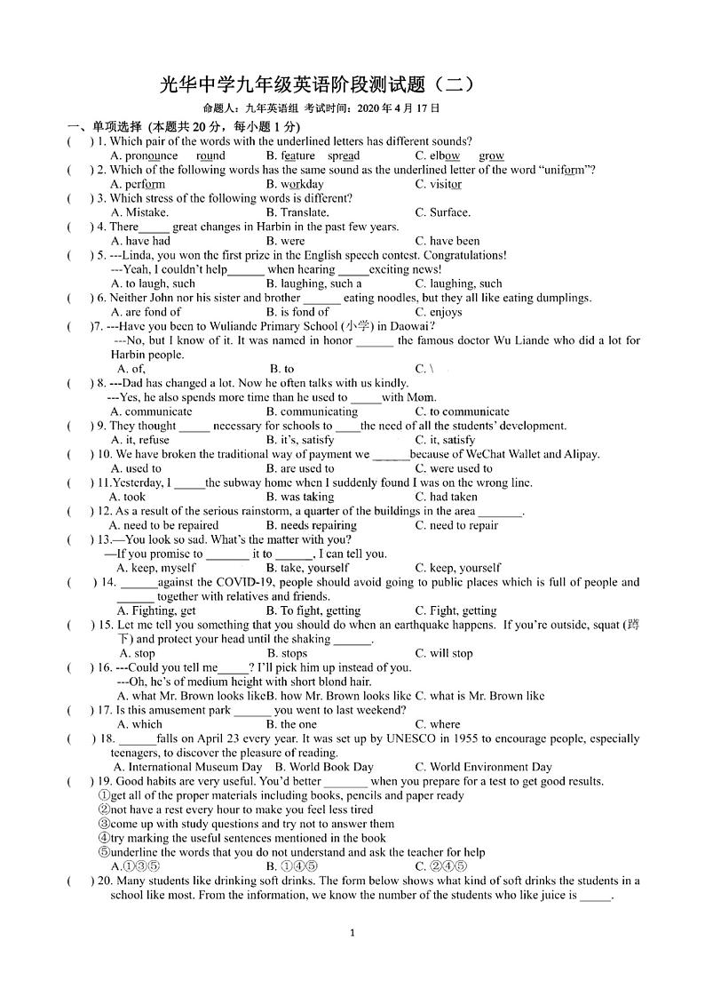 黑龙江省哈尔滨市光华中学2020年九年级下学期二模英语试题及答案（pdf版）第1页