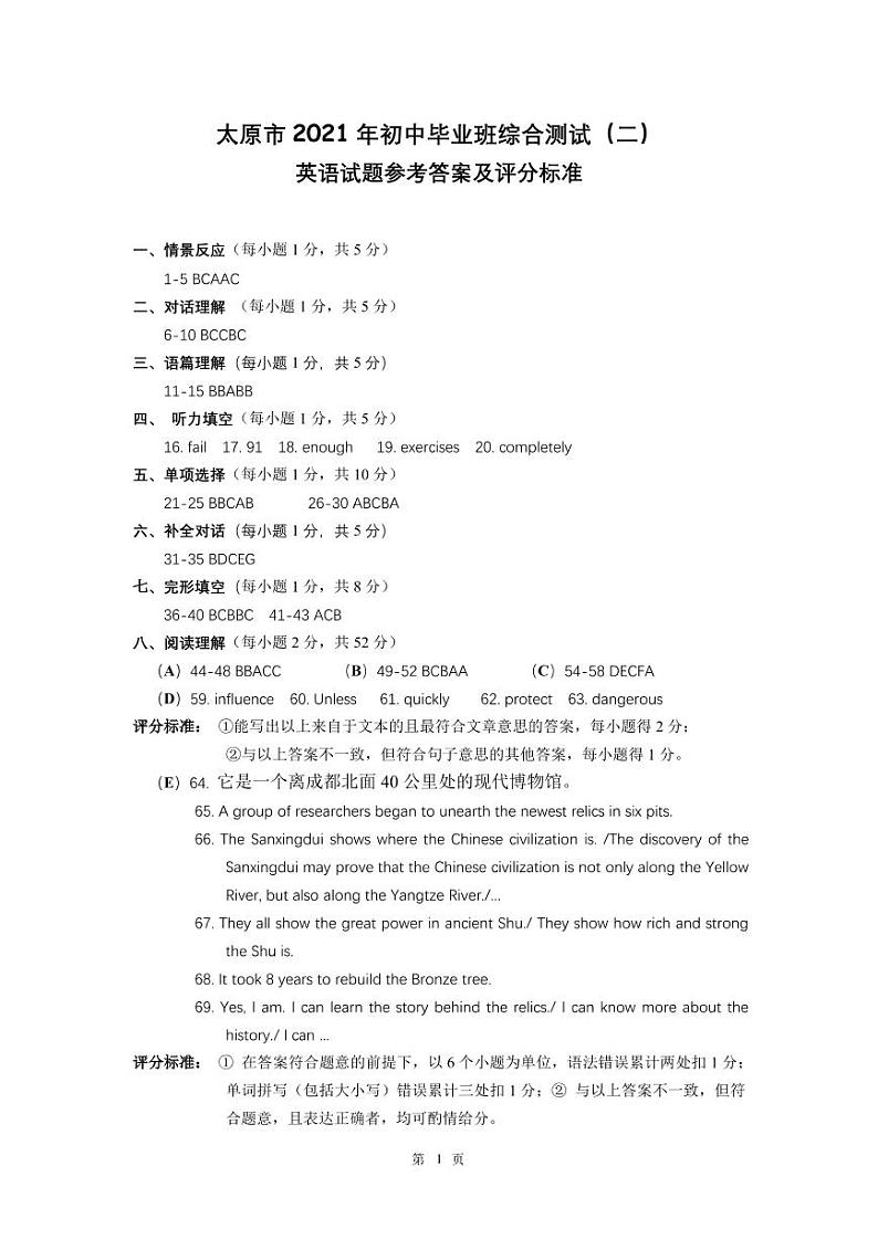 2021年山西省太原市初三二模英语试卷及答案01