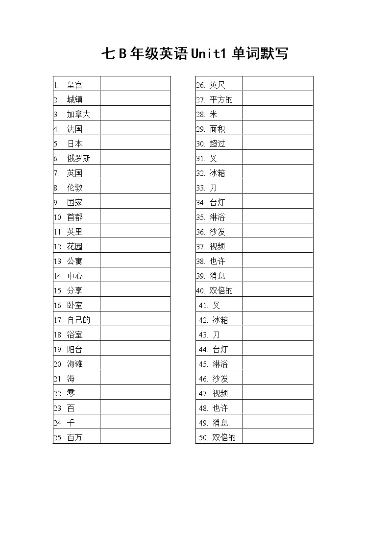 译林版英语七年级下册 单词默写练习题01