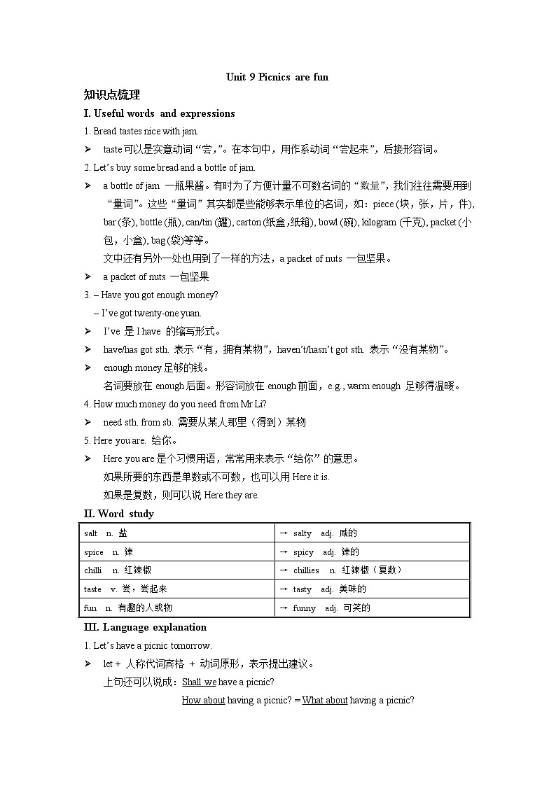 6A  Unit 9 Picnics are fun知识点梳理 + 拓展阅读练习题01