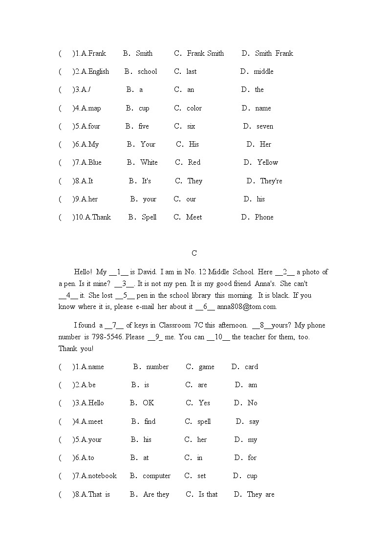 2020-2021学年度人教版英语七年级上册期末专项集训（二）——完形填空(1)练习题第2页