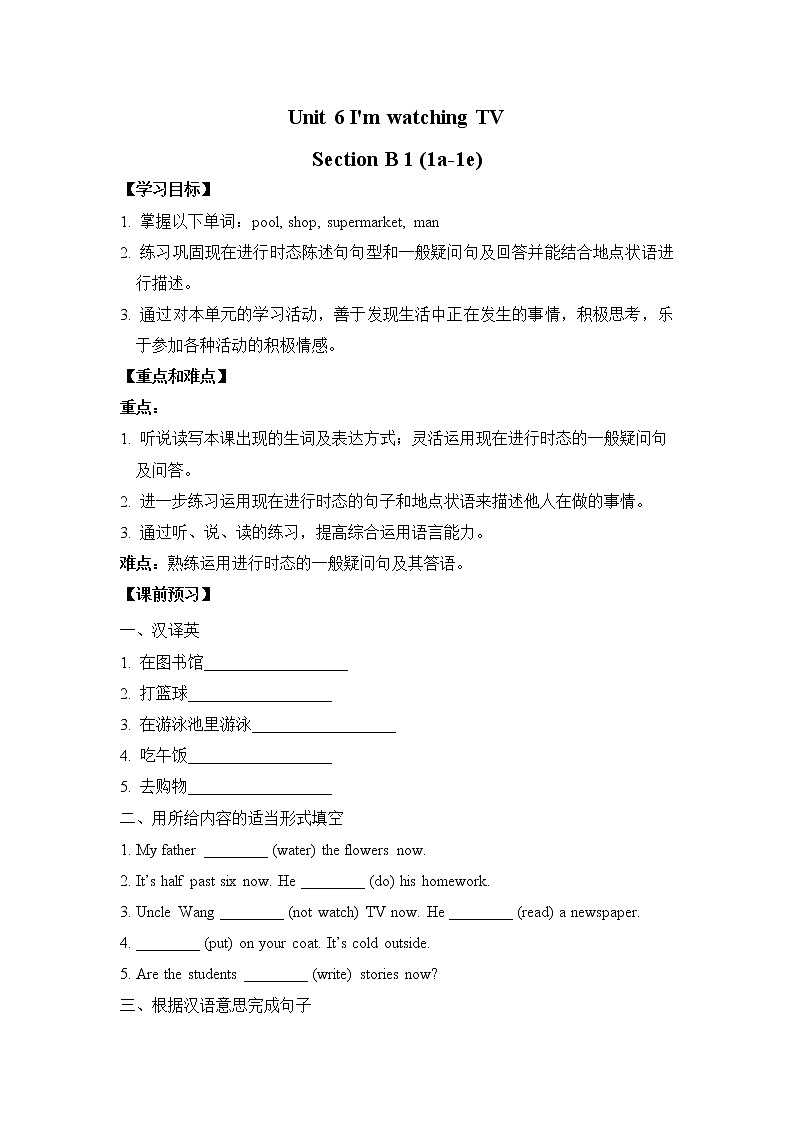 初中英语人教新目标七年级下导学案 Unit 6 I'm watching TV Section B1 1a-1e01