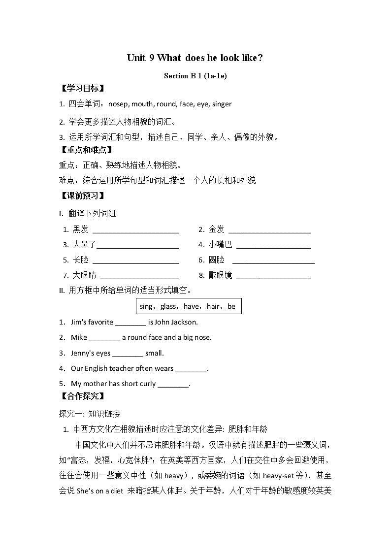 初中英语人教新目标七年级下导学案 Unit 9 What does he look like Section B1 1a-1e01