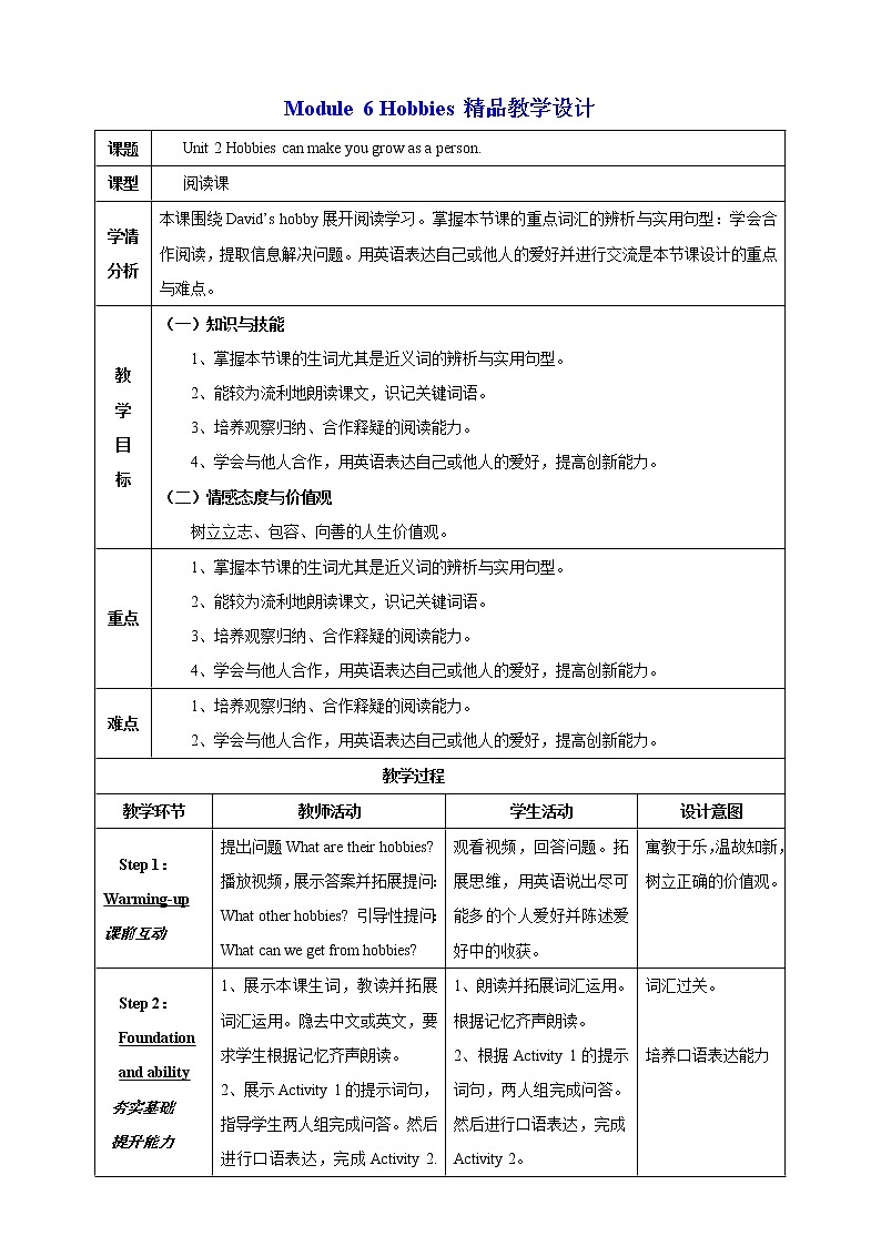 Module 6 Hobbies Unit 2 Hobbies can make you grow as a person课件(共24张PPT)+教案+音视频素材01