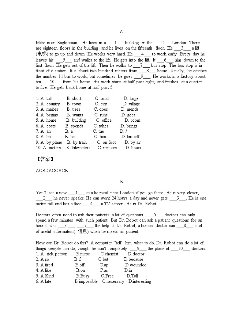 七年级英语完形填空练习01