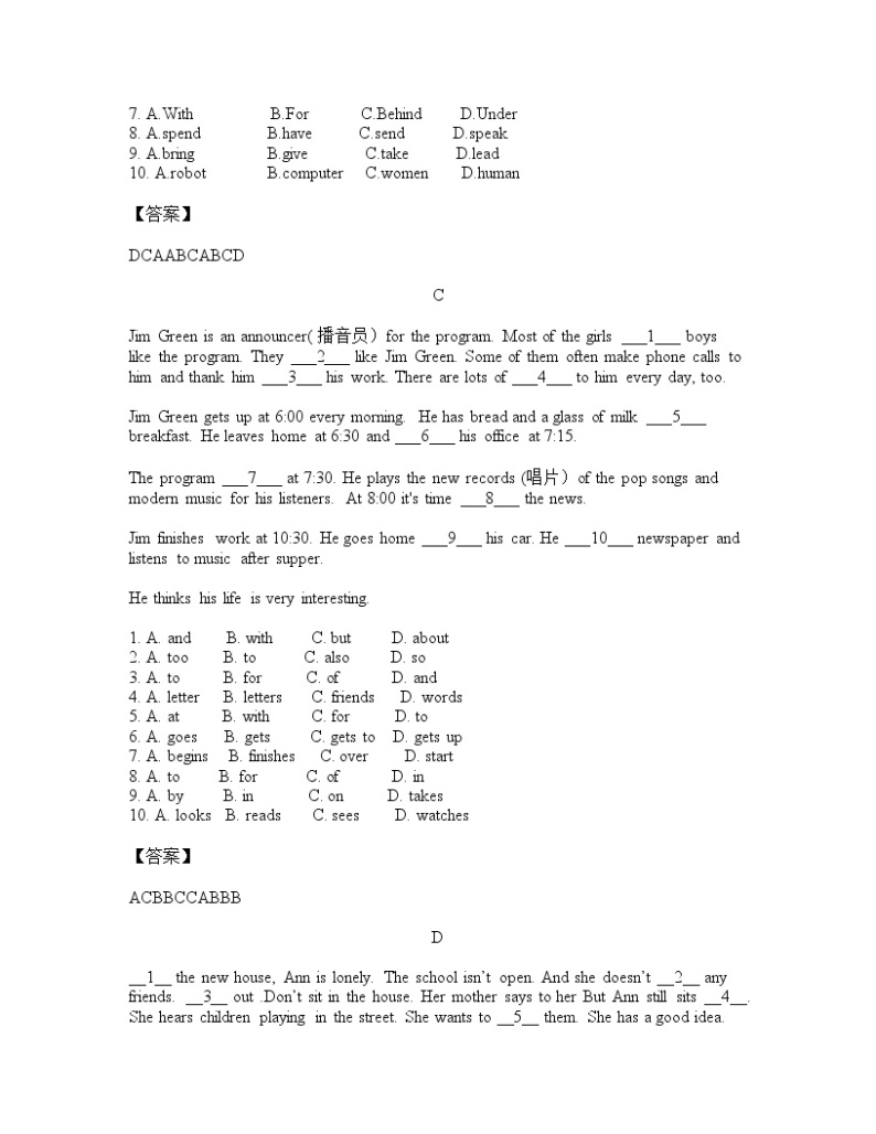 七年级英语完形填空练习02