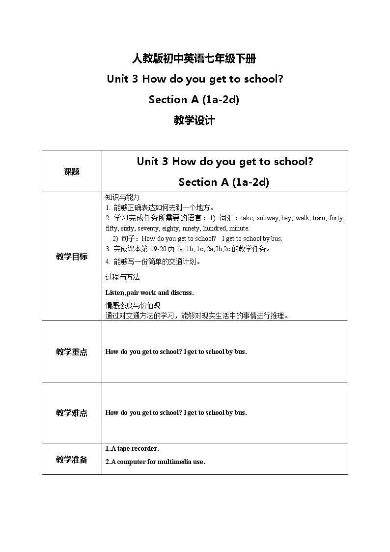 人教版英语七下Unit 3 Section A第一课时 课件+教案+练习01
