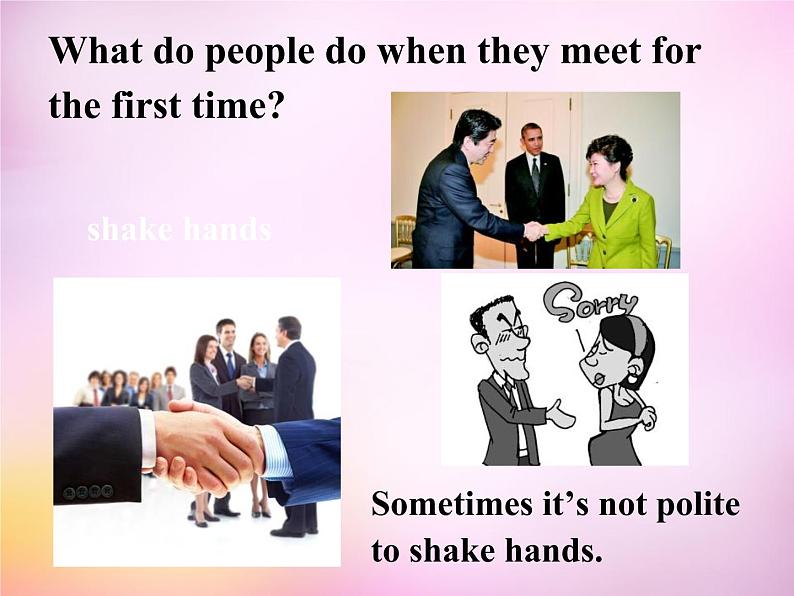 陕西省汉中市佛坪县初级中学九年级英语全册 Unit 10 You’re supposed to shake hands Section A（1a-1c）课件第5页