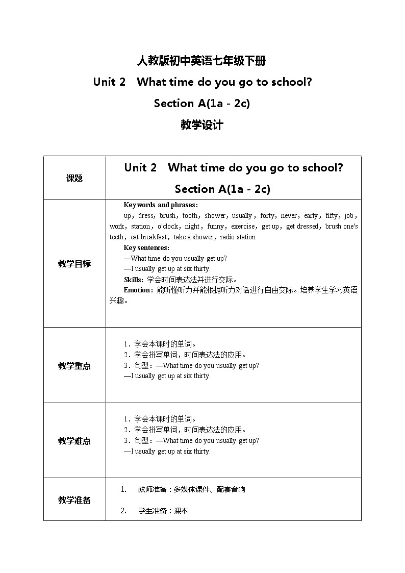 人教版七下英语Unit 2 Section A 第一课时 课件+教案+练习01