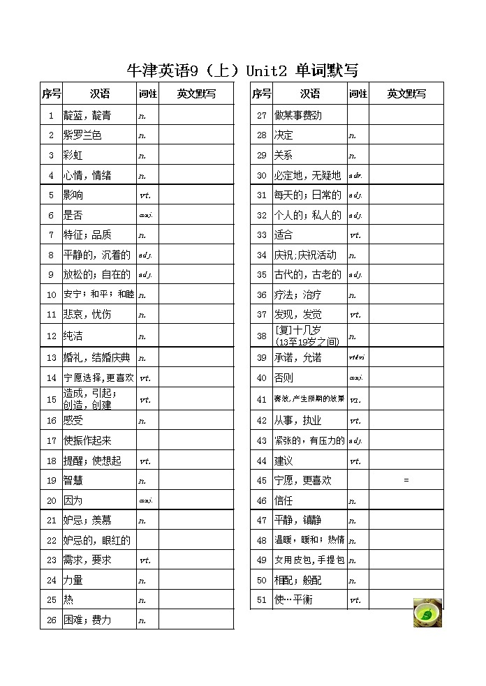 译林版英语九年级上册全册单词默写练习题02