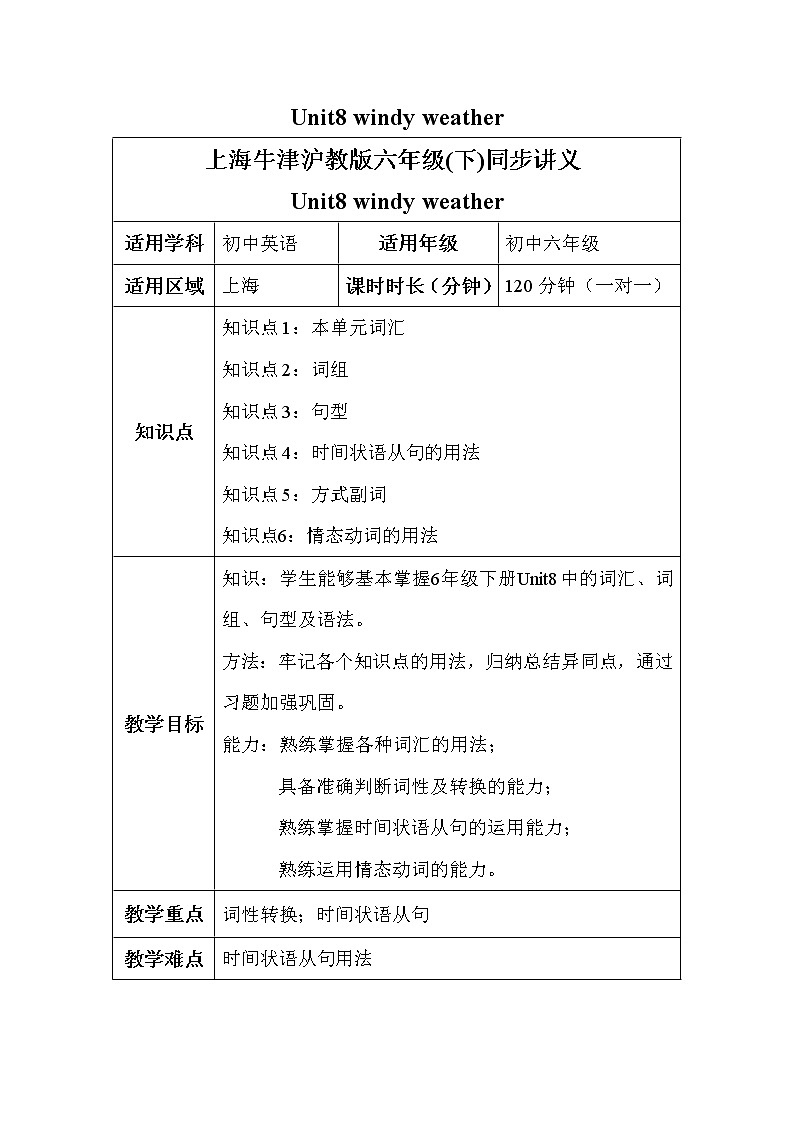 牛津上海版六年级下英语学案 Unit 8 Windy weather ｜牛津上海版第1页