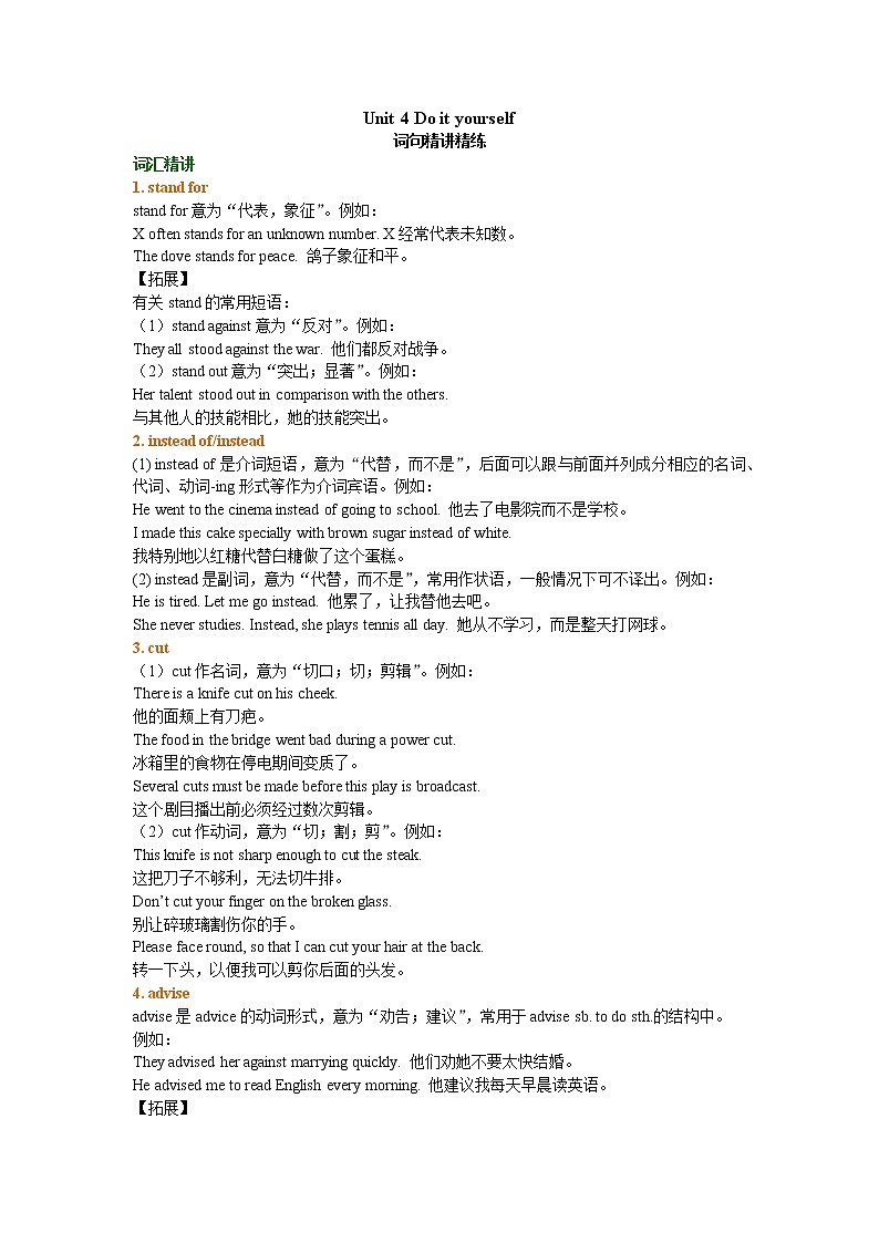 【寒假复习】Unit 4 Do it yourself 词句精讲精练01