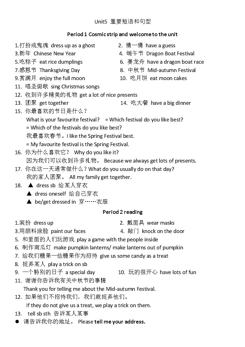 牛津译林版七年级上册Unit5 重要短语和句型讲义01