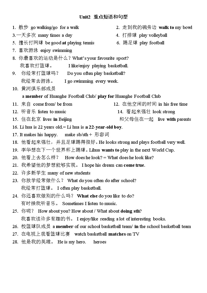 牛津译林版七年级上册Unit2 重要短语和句型讲义01