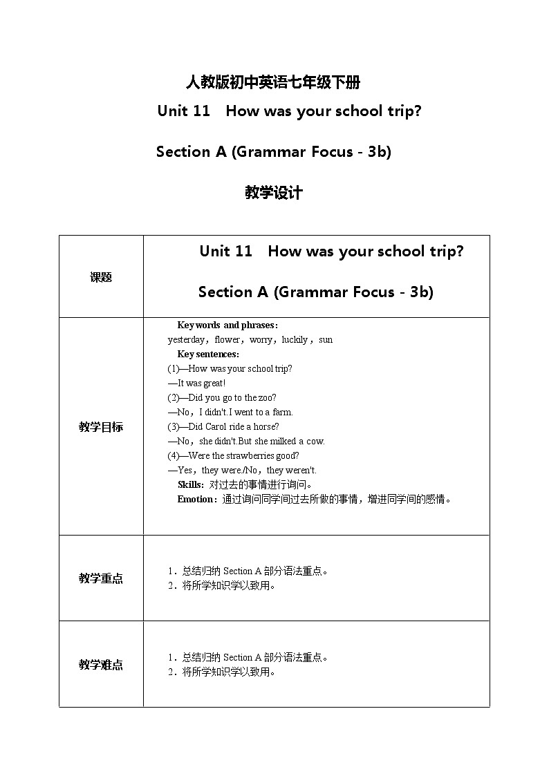 人教版英语七下Unit 11 Section A 第二课时 课件+教案+练习01