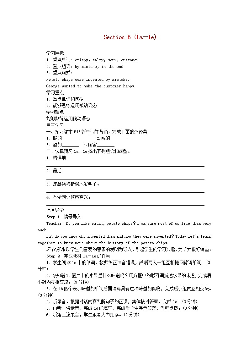 2021-2022学年初中英语九年级全册人教新目标版 Unit6 SectionB1a-1e教案第1页