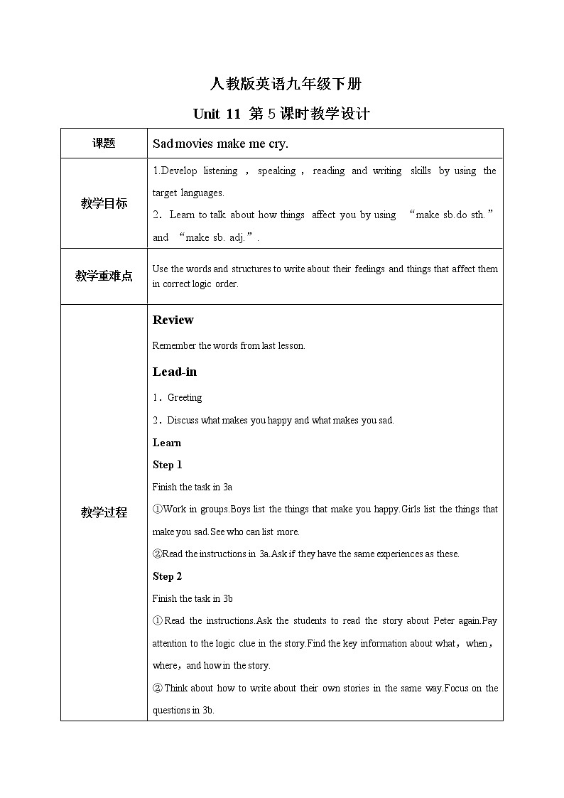Unit 11 Sad movies make me cry. 第5课时 课件+教案+练习+素材01
