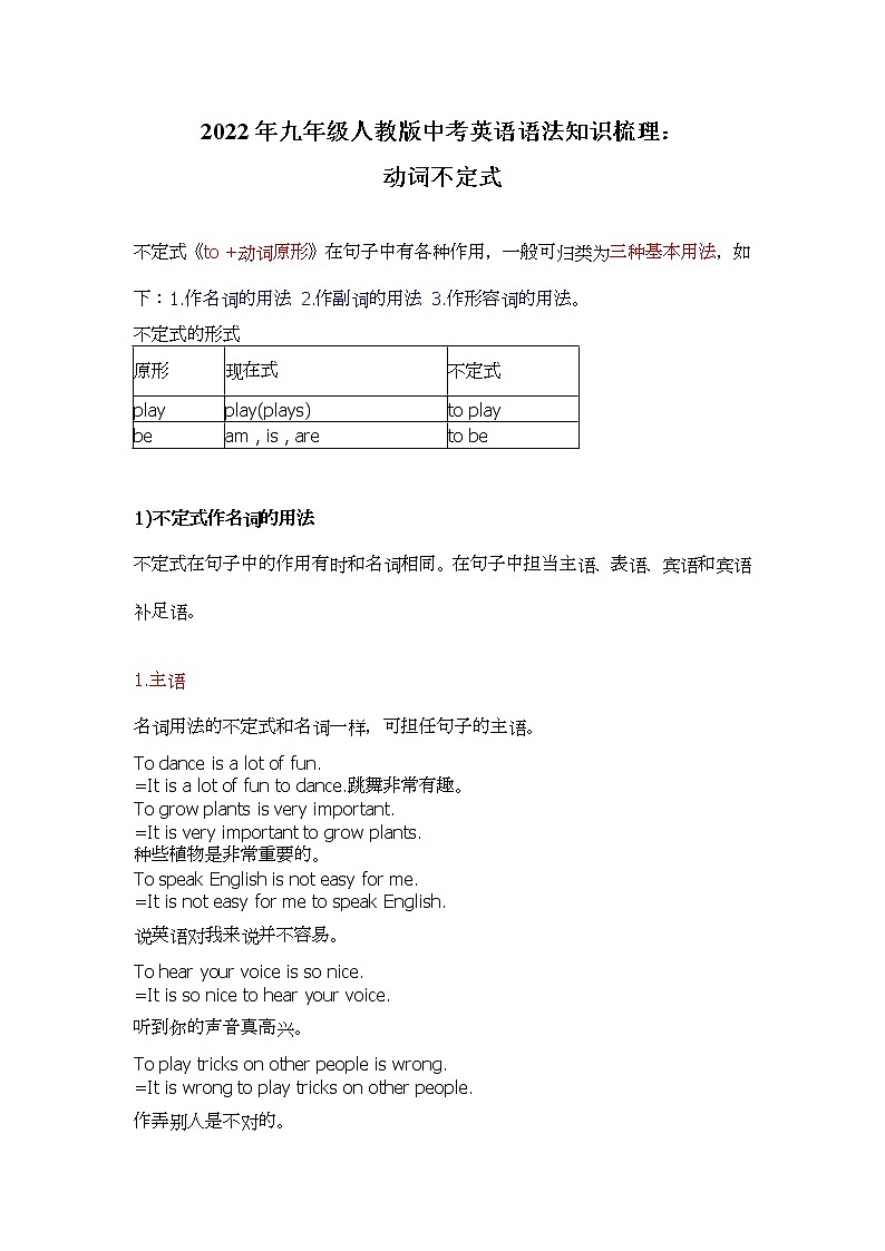 2022年人教版九年级中考英语语法讲解：动词不定式学案第1页