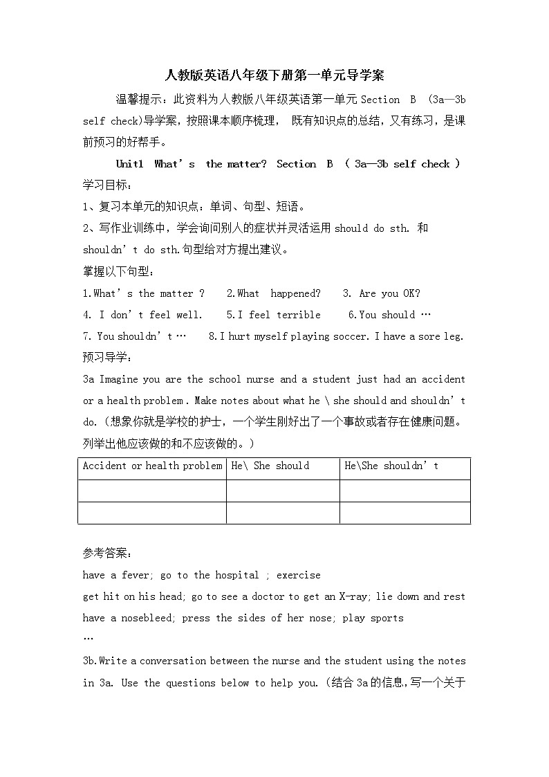 人教版英语八年级下册第一单元导学案（section B 3a-3b self check）01