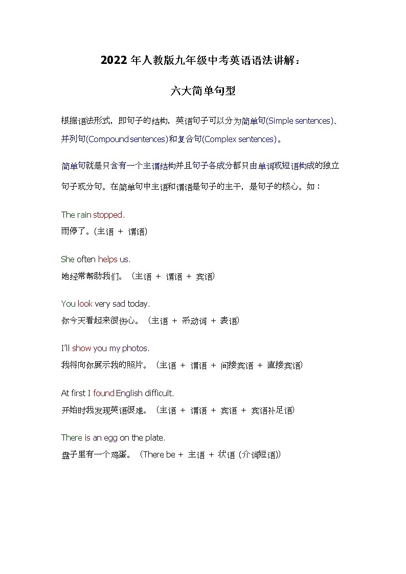 2022年人教版九年级中考英语语法讲解：六大基本句型教案01