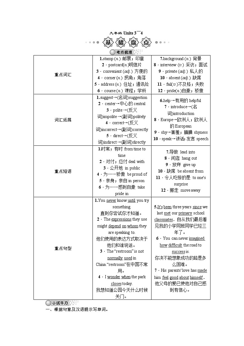 人教版英语九年级Units 3～4学案第1页