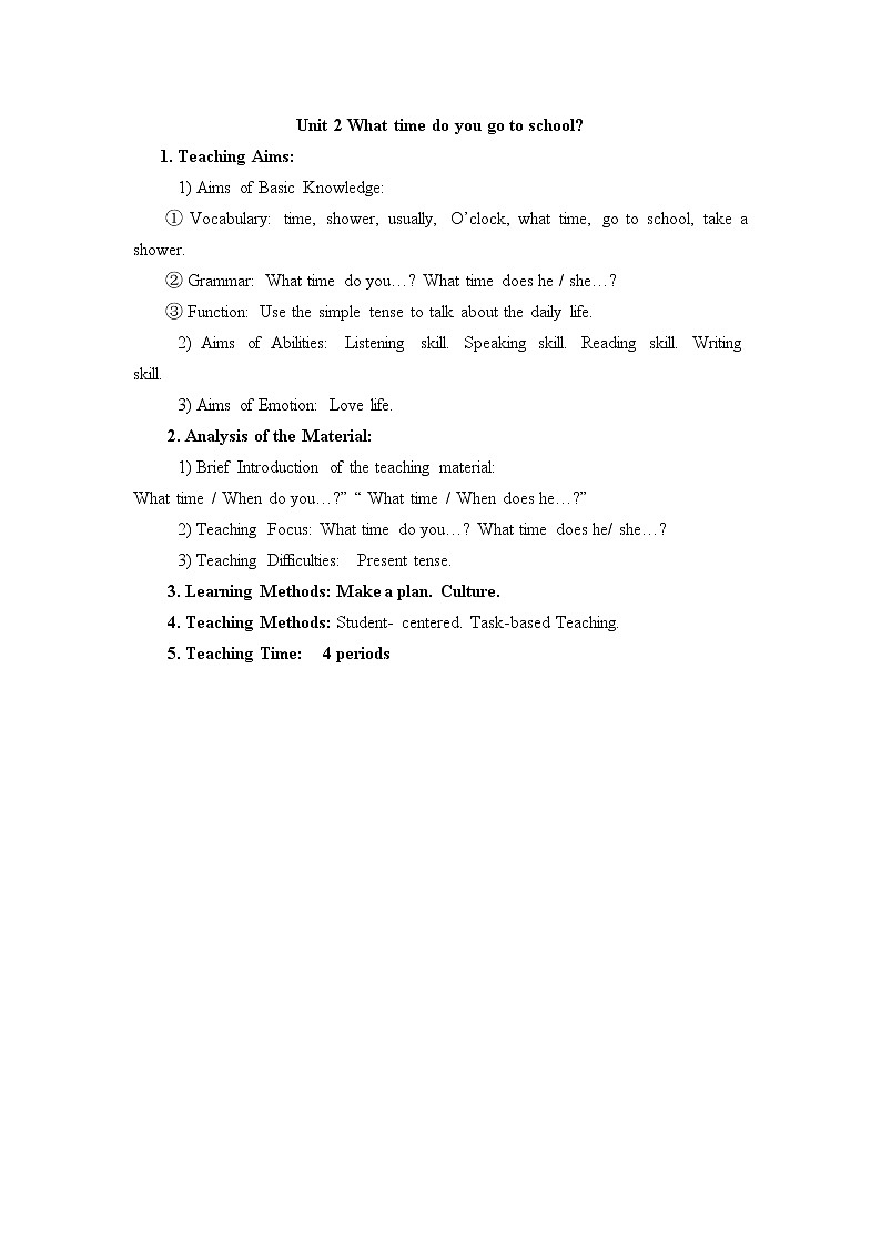 【新版】人教版英语七年级下册Unit 2 What time do you go to school教案（6个课时）01