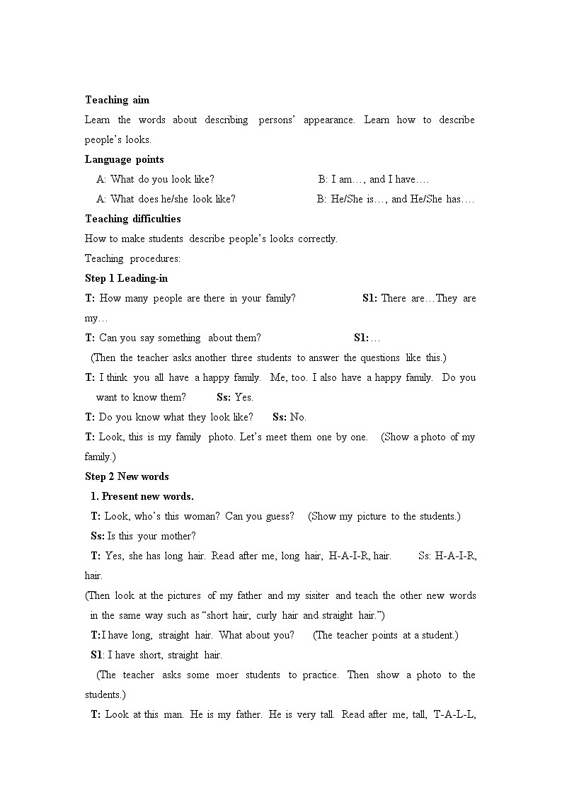 【新版】人教版英语七年级下册Unit 9 What does he look like教案（4个课时）02