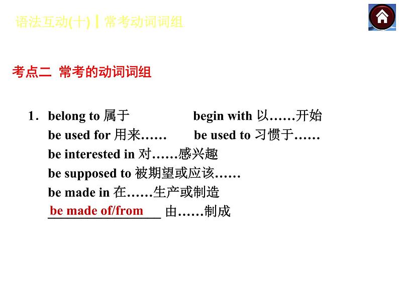 【中考复习方案】（人教版）九年级英语复习课件：语法互动十　常考动词词组（共14张PPT）第5页