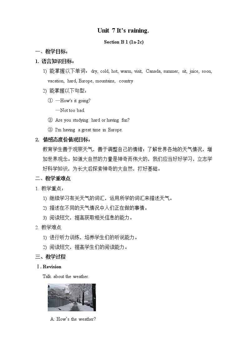 Unit 7 It 's rainning Section B (1a-2c)教案第1页