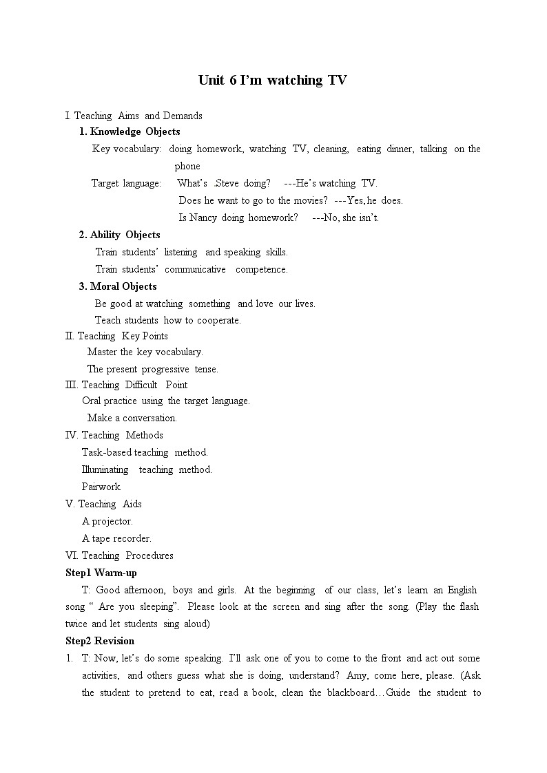 《Unit 6  I’m watching TV》教案period1第1页