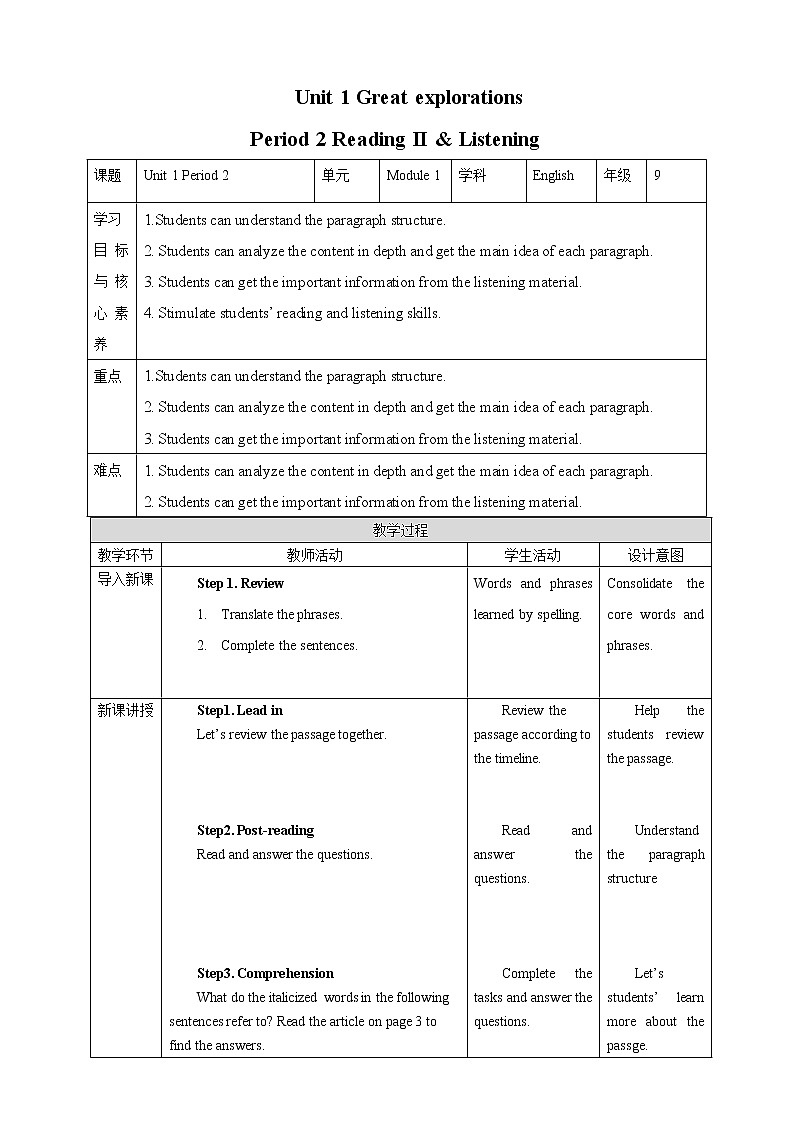 Unit 1 Great explorations Period 2 Reading II & Listening 教案第1页