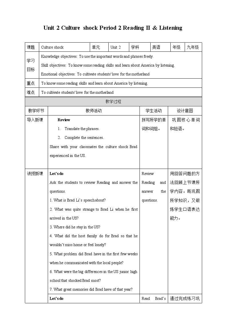 Unit 2 Culture shock Period 2 Reading II & Listening 教案第1页