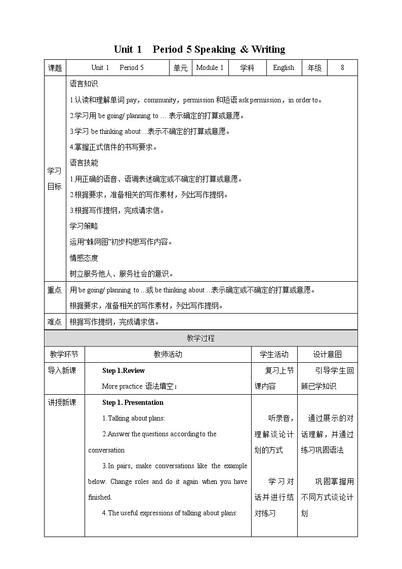 Unit 1 Period 5 Speaking & Writing（课件+教案+学案+练习）01