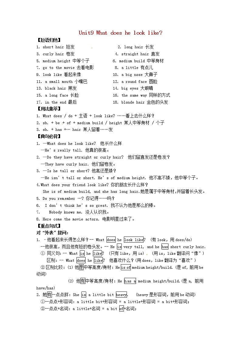 Unit 9 What does he look like_【教学课件+教案+导学案+-知识点总结+教材听力原文及译文+课文及单词录音+练习题】 (2)01