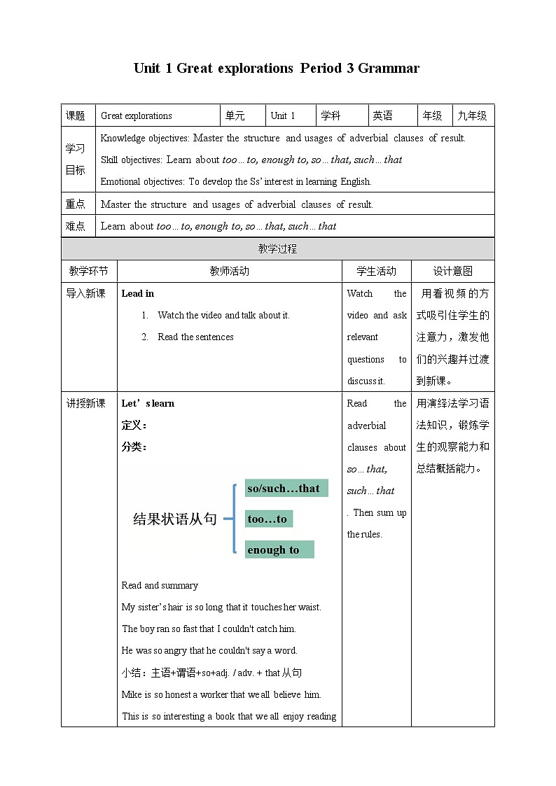 Unit 1 Great explorations Period 3 Grammar 教案第1页