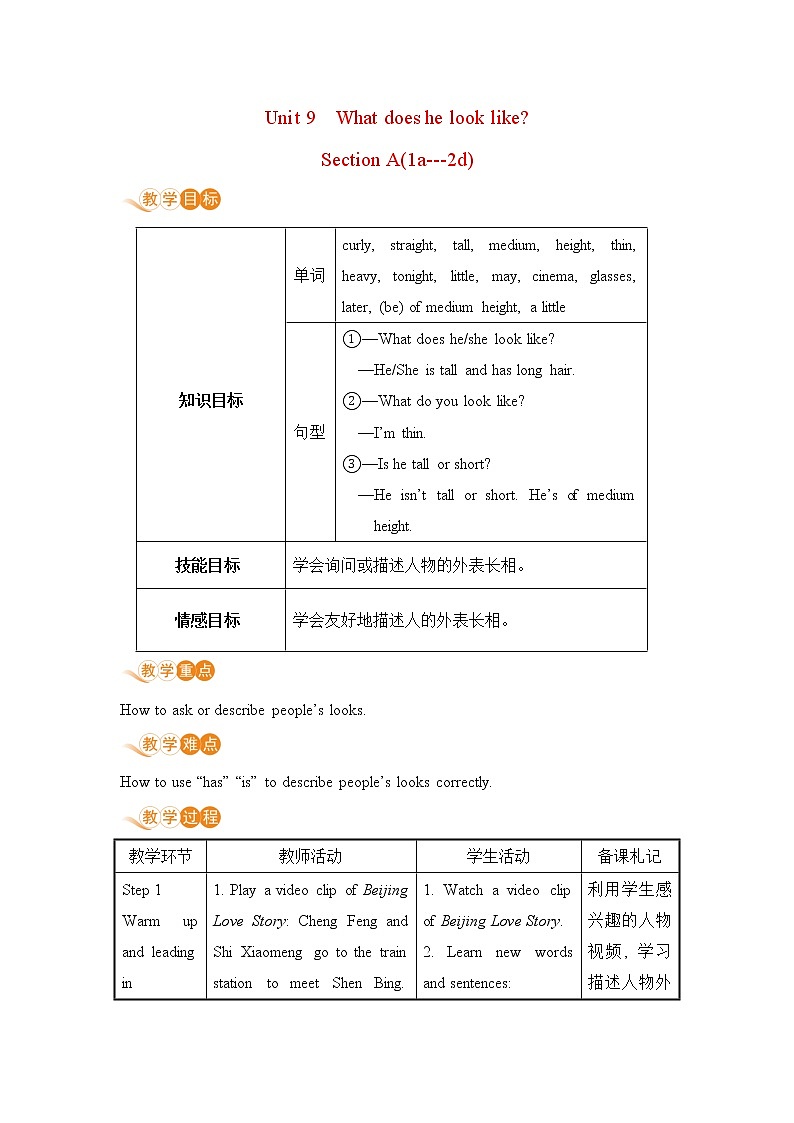 人教初中英语七年级下册——Unit 9 Section A(1a---2d)教案第1页