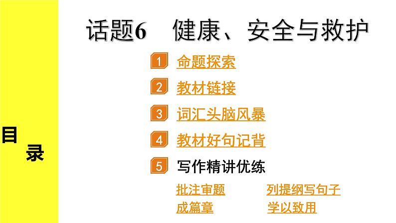 外研中考英语 重读教材学写作 07. 话题篇 话题6 健康、安全与救护 PPT课件第1页