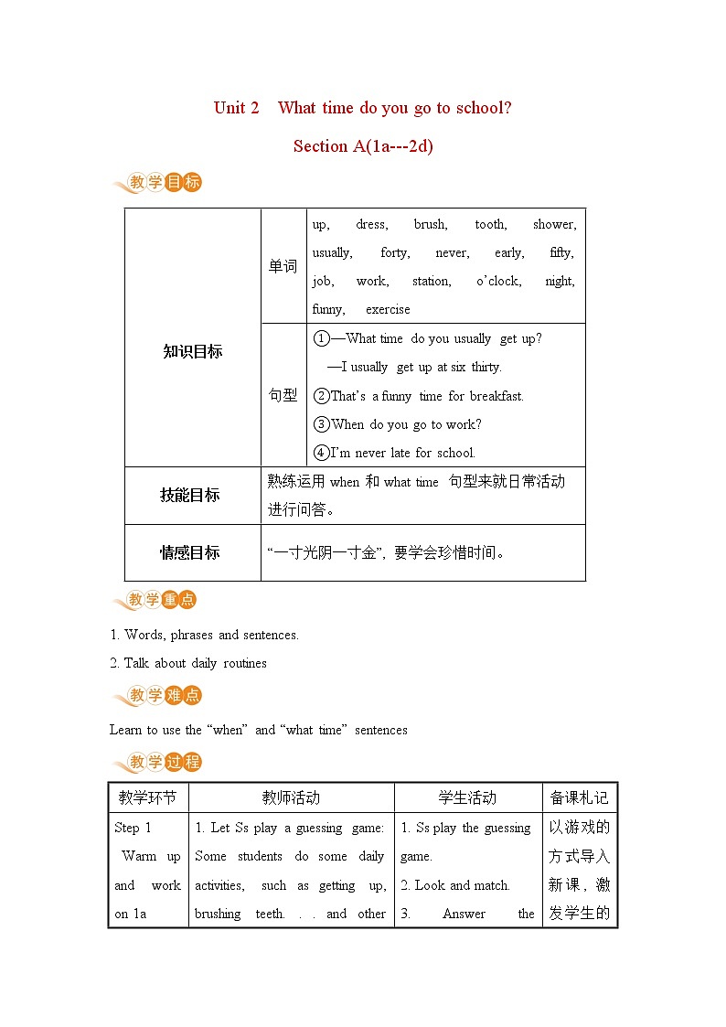 人教初中英语七年级下册——Unit 2 Section A(1a---2d)教案01