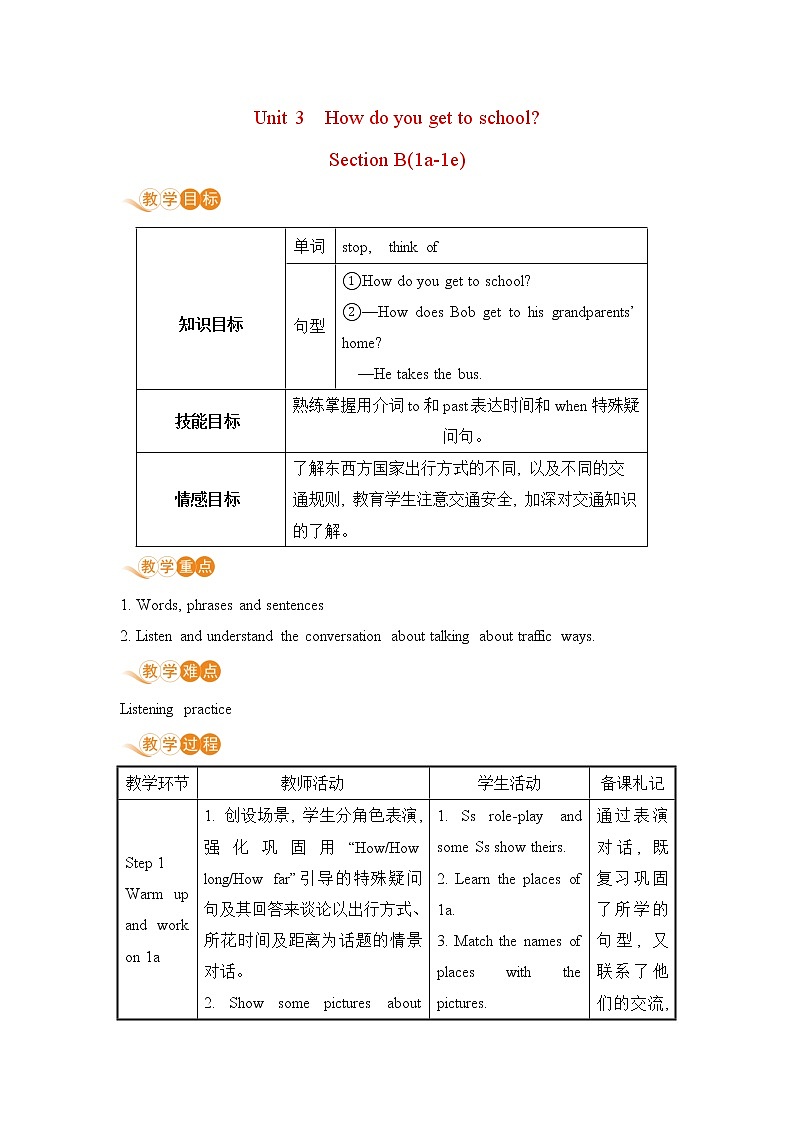 人教初中英语七年级下册——Unit 3 Section B (1a—1e)教案第1页