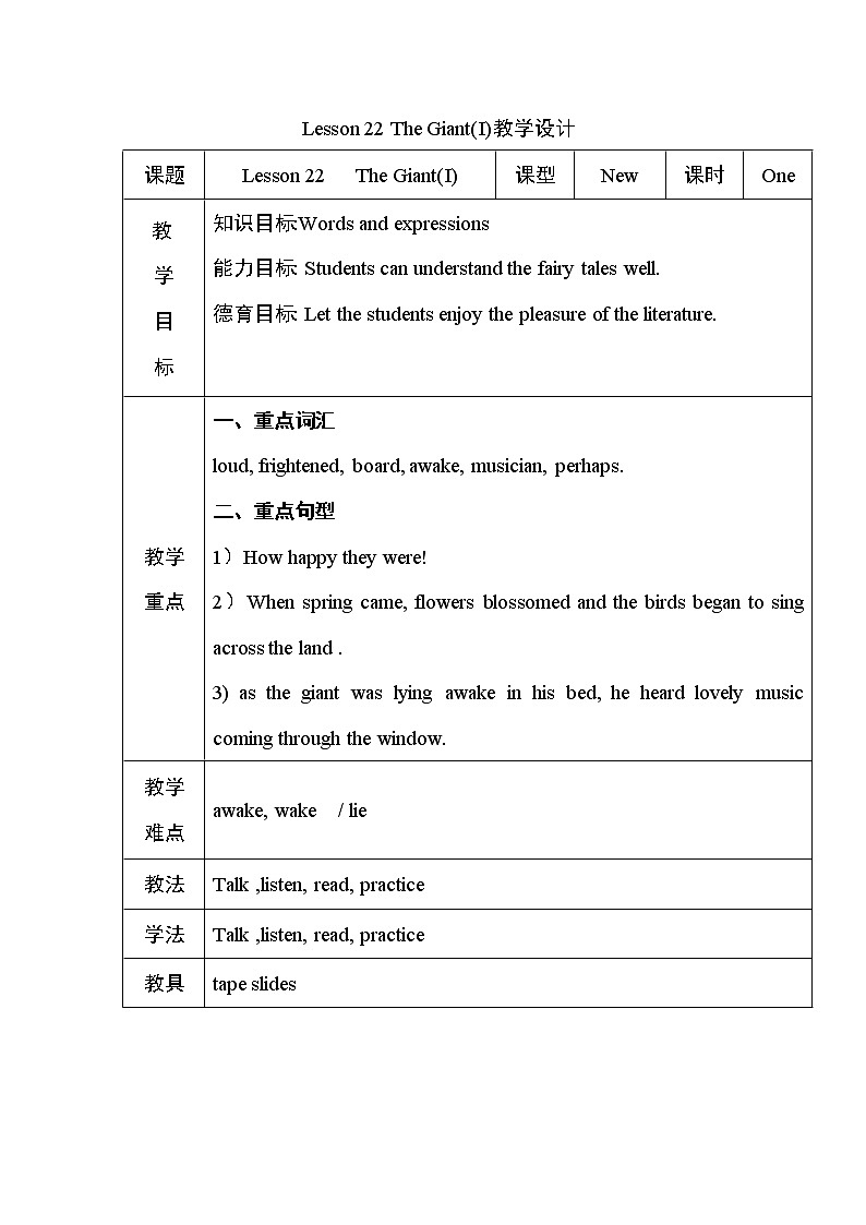 冀教版九年级上册英语 Unit4 Lesson 22 The Giant(I)教学设计第1页