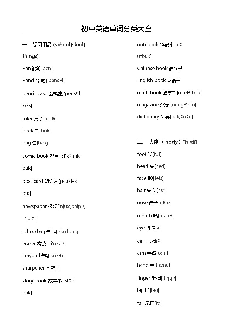 初中英语单词分类大全第1页