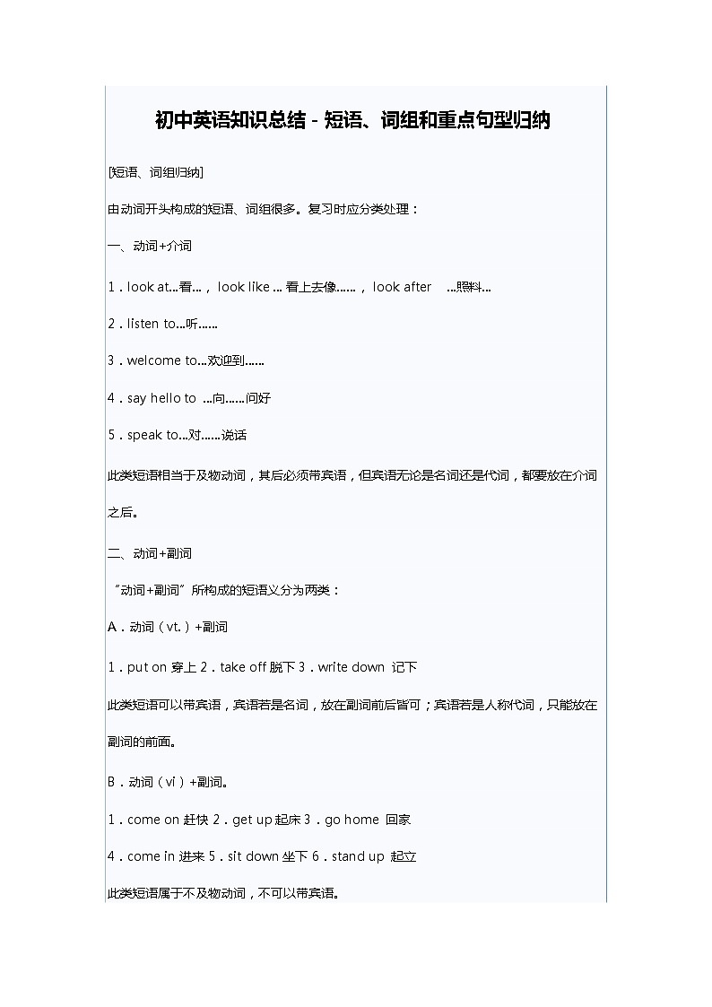 初中英语知识总结-短语、词组和重点句型归纳(1)01