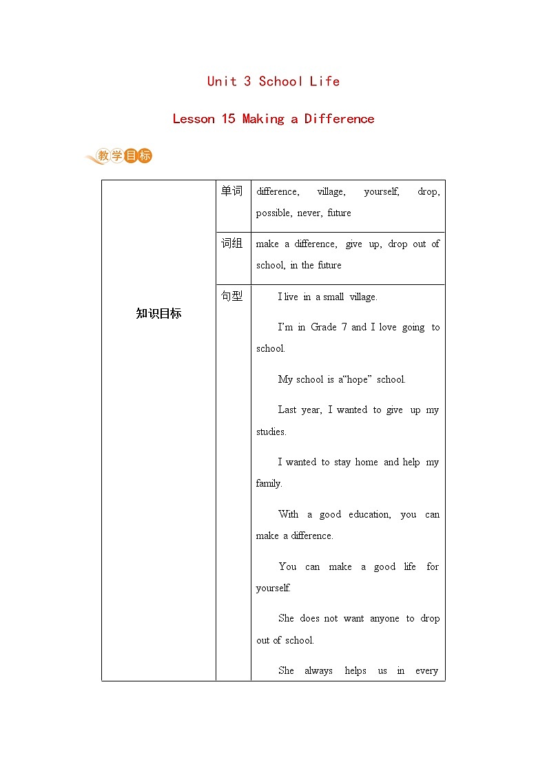 初中英语冀教版七年级下册—U3 L15教案01